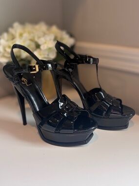 Saint Laurent Black Patent Leather T-Strap Platform Heels